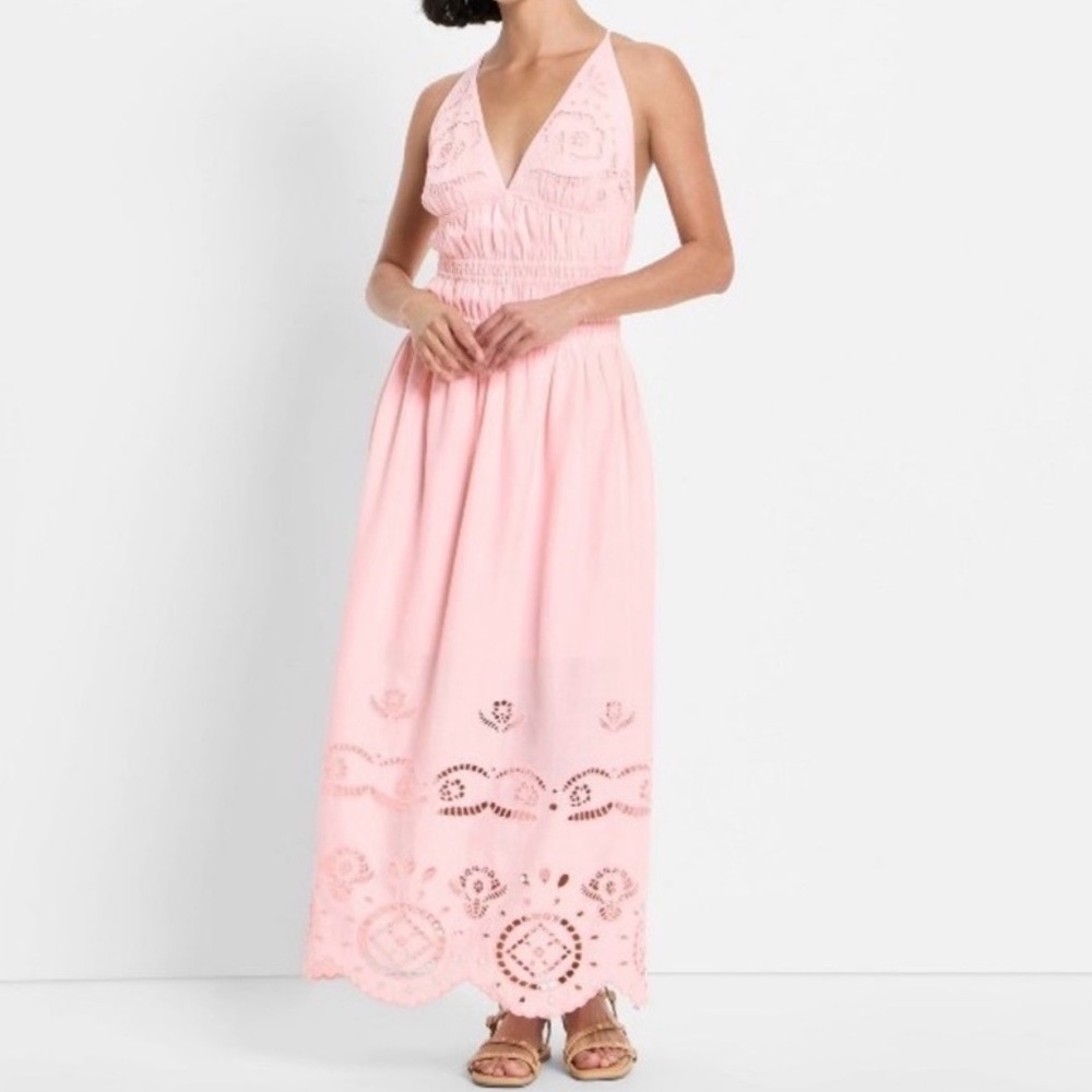 NWT Future Collective Light Pink Scalloped Eyelet Maxi A-Line Dress, Smocked - Picture 3 of 15
